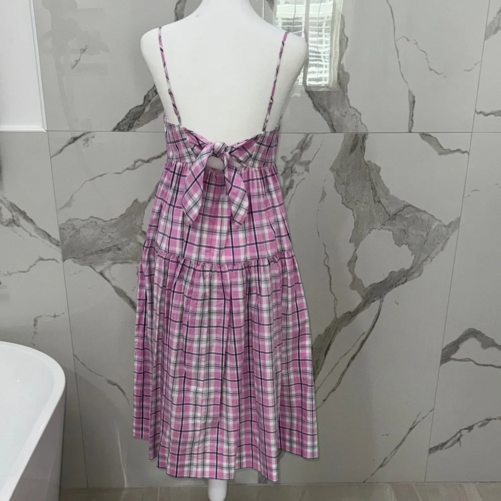 J. Crew Pink Violet Plaid Tie-back Tiered Poplin Midi Dress Size 4